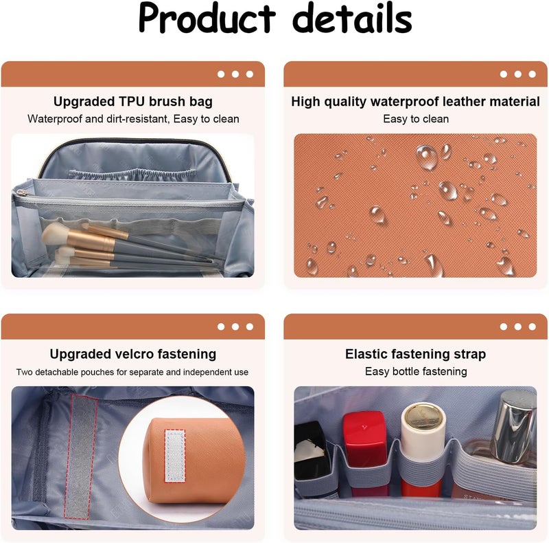 BOYATU Travel Makeup Bag Organizer Cosmetic Bag: 3 Pcs Set Make up Bags for Women with Handle - Waterproof Vegan Leather Toiletry Bags Travel Essentials Pouch with Compartments (C-02-Brown) - Image 5